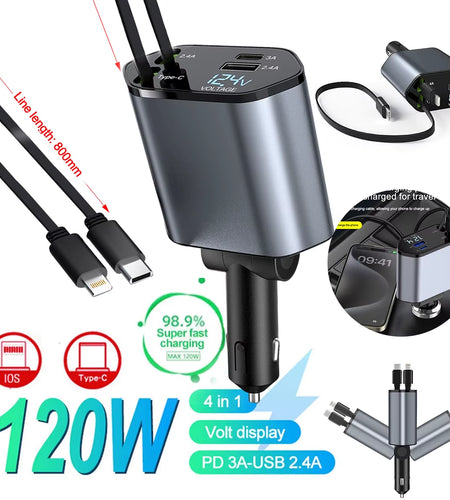 120W 4 in 1 Retractable Car Charger USB C Cable for Iphone Huawei Samsung Fast Charge Cord Cigarette Lighter Adapter PD QC3.0