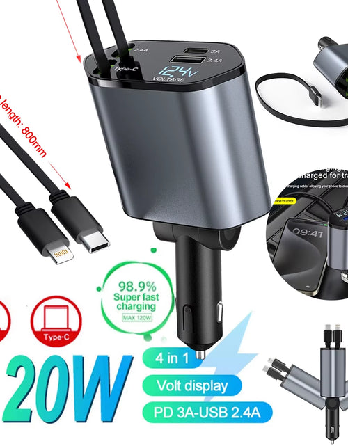 Load image into Gallery viewer, 120W 4 in 1 Retractable Car Charger USB C Cable for Iphone Huawei Samsung Fast Charge Cord Cigarette Lighter Adapter PD QC3.0

