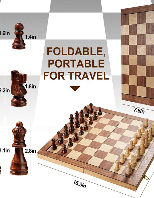 Load image into Gallery viewer, Magnetic Chess Board Set for Adults &amp; Kids, 15" Wooden Folding Chess Boards, Handcrafted Portable Travel Chess Game with Pieces Storage Slots &amp; 2 Extra Queens
