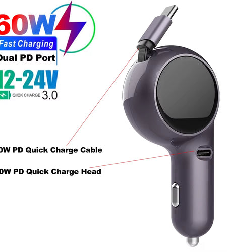 120W 4 in 1 Retractable Car Charger USB C Cable for Iphone Huawei Samsung Fast Charge Cord Cigarette Lighter Adapter PD QC3.0