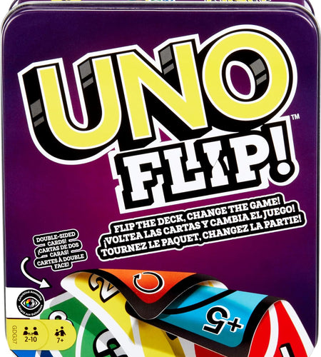 UNO FLIP! Card Game in Storage & Travel Tin, Color Blind Accessible Deck for Kids, Adults & Family Nights & Parties (Amazon Exclusive)
