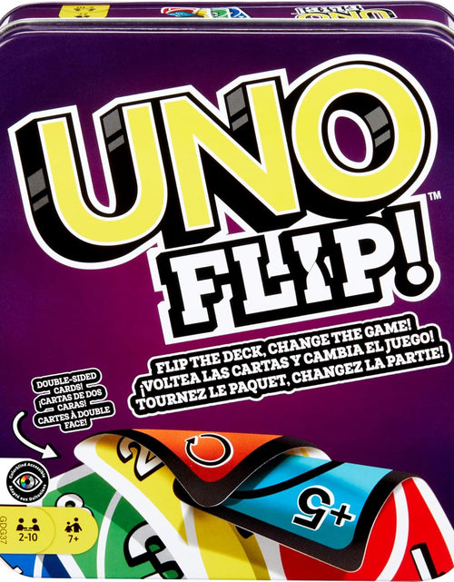 Load image into Gallery viewer, UNO FLIP! Card Game in Storage &amp; Travel Tin, Color Blind Accessible Deck for Kids, Adults &amp; Family Nights &amp; Parties (Amazon Exclusive)
