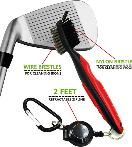 Golf Club Brush and Club Groove Cleaner 2 Ft Retractable Zip-Line Aluminum Carabiner, Lightweight and Stylish, Ergonomic Design, Easily Attaches to Golf Bag